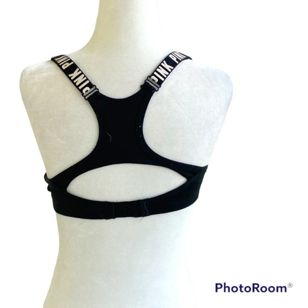 VS PINK ULTIMATE Push Up Sports Bra Sz Medium A-C Cup Black w Logos Racerback - Picture 3 of 12